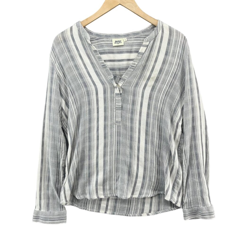 Hartford Striped Blouse Womens Grey White Long Sleeve V Neck Cotton Sz FR 3 US 8